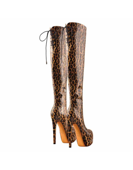 Leopard Snake Scale Round Toe Platform High Heels Over The Knee Boots