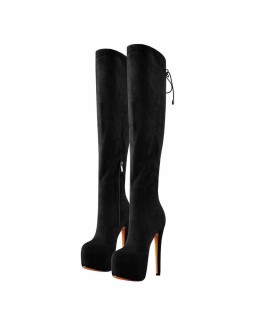 Black Suede Leather Round Toe Platform High Heels Over The Knee Boots