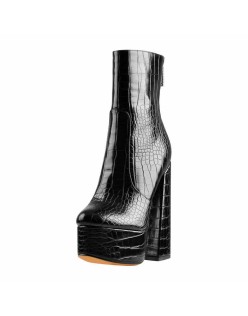 Platform Round Toe Stone Pattern Waisted Short Chunky Heels Ankle Boots