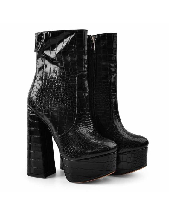 Platform Round Toe Stone Pattern Waisted Short Chunky Heels Ankle Boots