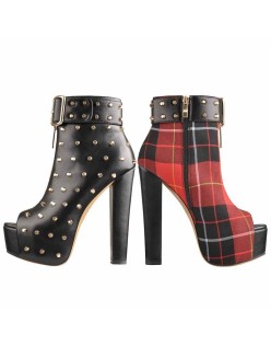 Peep Toe Rivet Leather Canvas Stitching Platform Chunky High Heel Boots