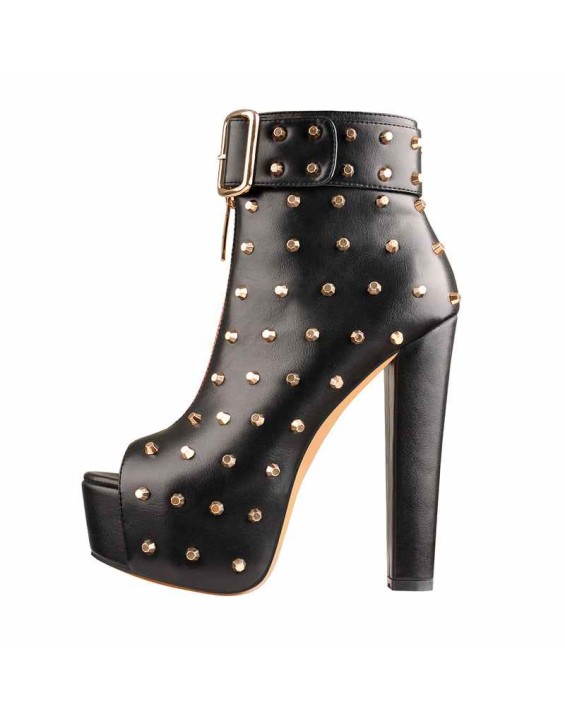 Peep Toe Rivet Leather Canvas Stitching Platform Chunky High Heel Boots
