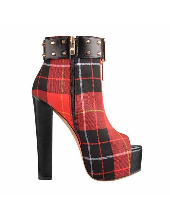 Peep Toe Rivet Leather Canvas Stitching Platform Chunky High Heel Boots