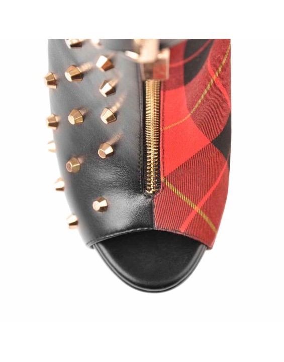 Peep Toe Rivet Leather Canvas Stitching Platform Chunky High Heel Boots