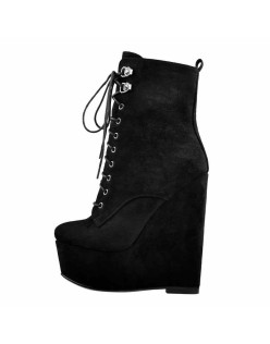 Black Suede Lace Up Platform Wedges Ankle Boots