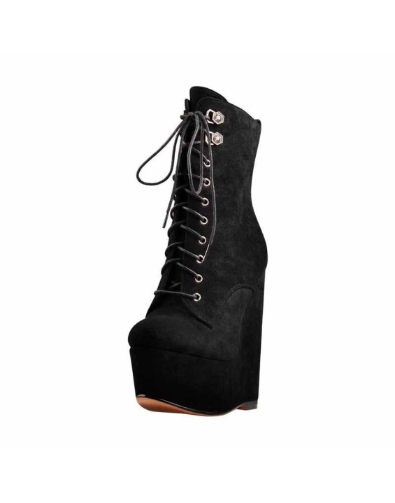 Black Suede Lace Up Platform Wedges Ankle Boots