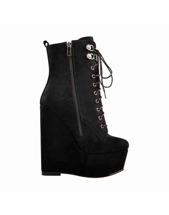 Black Suede Lace Up Platform Wedges Ankle Boots