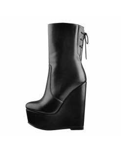 Round Toe Black Lace Up Zip Wedges Ankle Boots