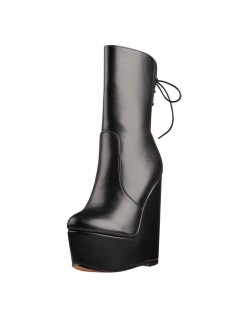 Round Toe Black Lace Up Zip Wedges Ankle Boots
