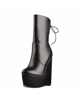 Round Toe Black Lace Up Zip Wedges Ankle Boots