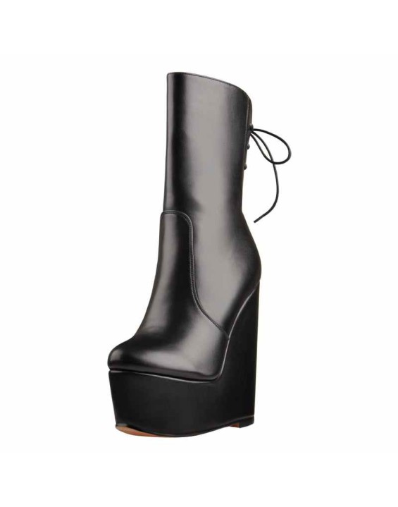 Round Toe Black Lace Up Zip Wedges Ankle Boots
