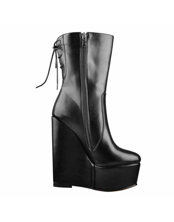 Round Toe Black Lace Up Zip Wedges Ankle Boots