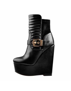 Platform Zipper Metal Buckle Strap Round Toe Wedge Heel Ankle Boots