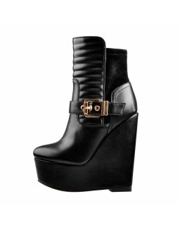 Platform Zipper Metal Buckle Strap Round Toe Wedge Heel Ankle Boots
