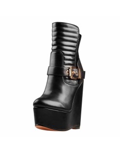 Platform Zipper Metal Buckle Strap Round Toe Wedge Heel Ankle Boots
