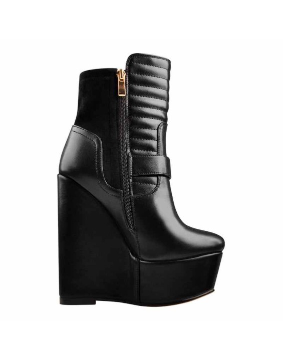 Platform Zipper Metal Buckle Strap Round Toe Wedge Heel Ankle Boots