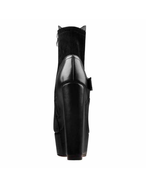 Platform Zipper Metal Buckle Strap Round Toe Wedge Heel Ankle Boots