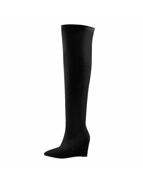 Black Suede Pointy Toe Wedge Heel Knee High Boots