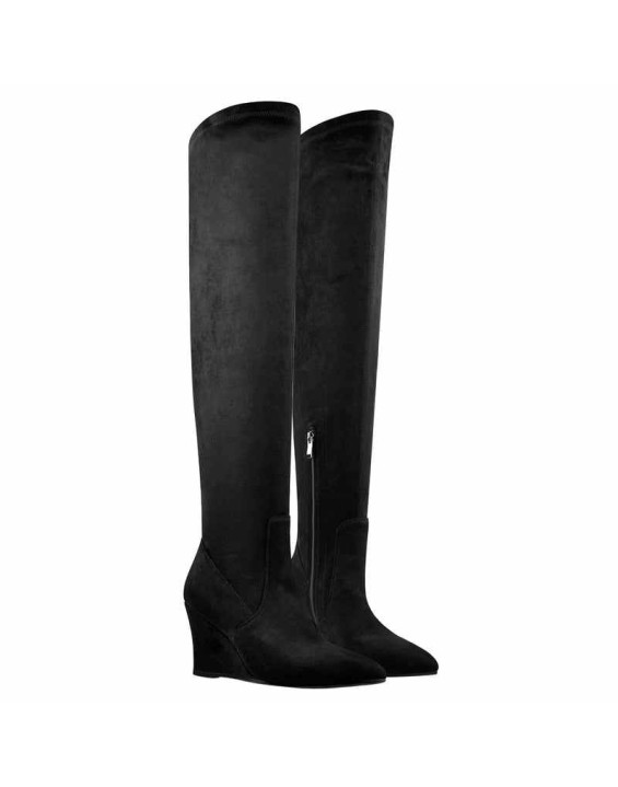 Black Suede Pointy Toe Wedge Heel Knee High Boots