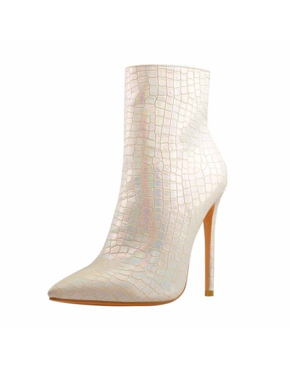 White Stone Pattern Pointed Toe High Heels Ankle Booties