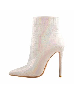 White Stone Pattern Pointed Toe High Heels Ankle Booties