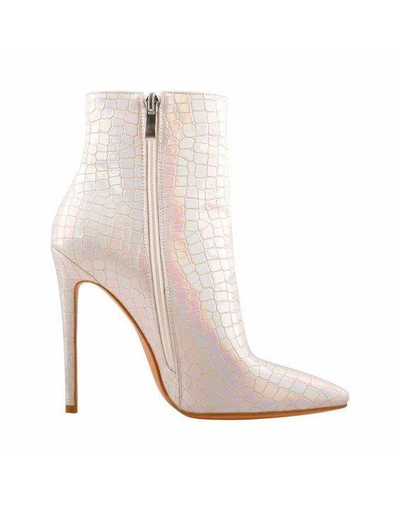 White Stone Pattern Pointed Toe High Heels Ankle Booties