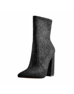 Pointed Toe Glitter Stretch Chunky Block High Heels Ankle Booties