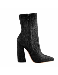 Pointed Toe Glitter Stretch Chunky Block High Heels Ankle Booties