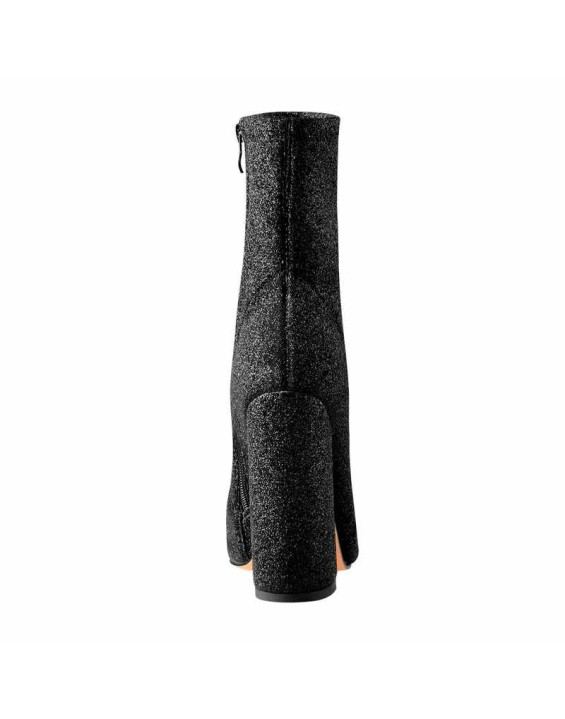 Pointed Toe Glitter Stretch Chunky Block High Heels Ankle Booties