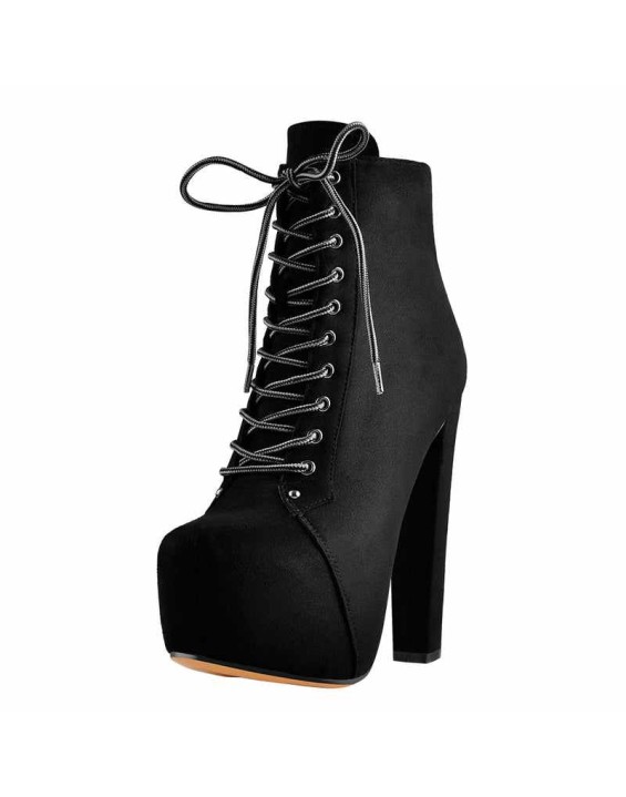 Black Suede Platform Round Toe Lace up Chunky High Heel Ankle Boots