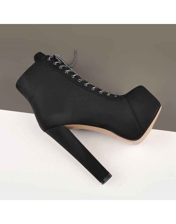 Black Suede Platform Round Toe Lace up Chunky High Heel Ankle Boots