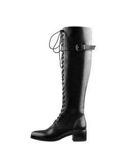 Round Toe Lace Up Sturdy Heel Side Zipper Knee High Boots