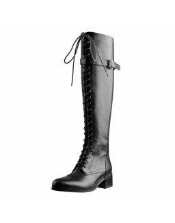 Round Toe Lace Up Sturdy Heel Side Zipper Knee High Boots