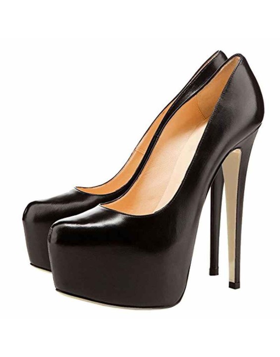 Black Matte Round Toe Super High Heel Platform Stiletto Slip On Pumps