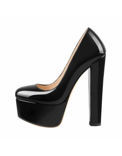 Patent Leather Rounde Toe Platform Black Chunky High Heels Pumps