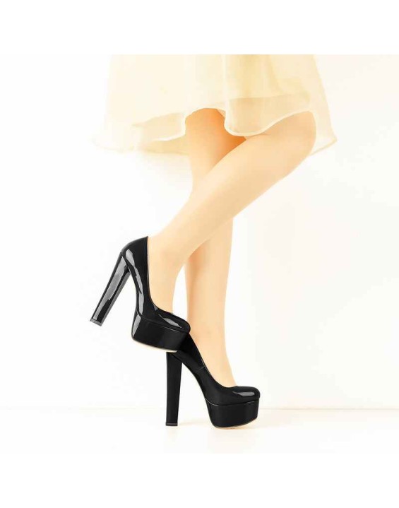 Patent Leather Rounde Toe Platform Black Chunky High Heels Pumps