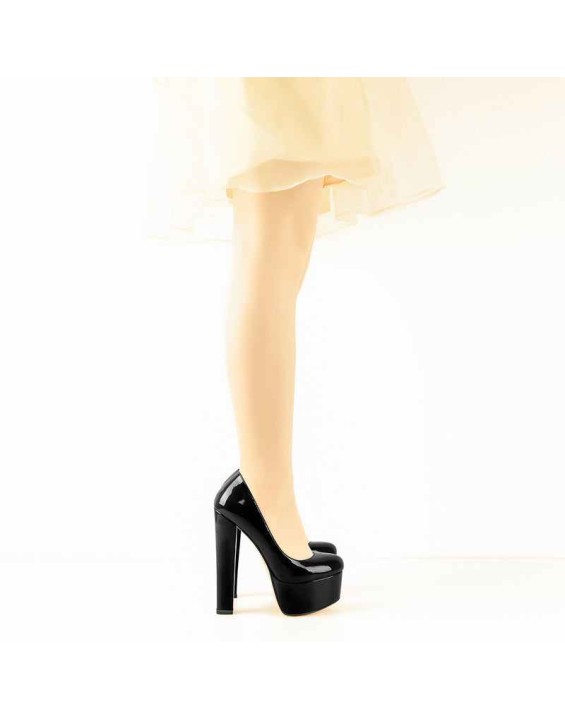 Patent Leather Rounde Toe Platform Black Chunky High Heels Pumps