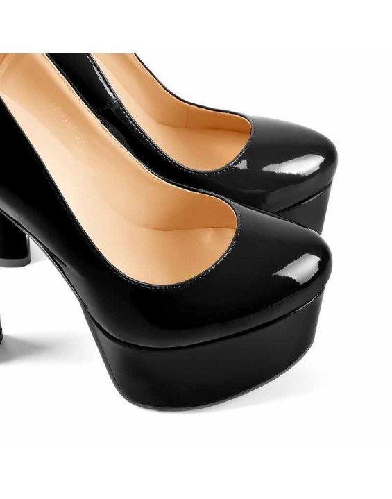 Patent Leather Rounde Toe Platform Black Chunky High Heels Pumps