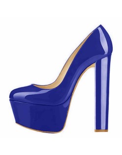 Retro Blue Round Toe Pumps Platform High Heels Stiletto Slip on Pumps