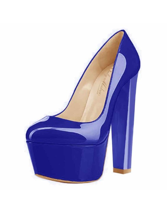 Retro Blue Round Toe Pumps Platform High Heels Stiletto Slip on Pumps