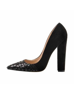 Black Pointed Toe Pumps Chunky Heels Slip on Pumps