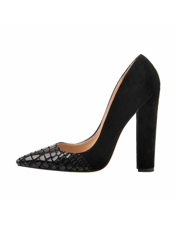 Black Pointed Toe Pumps Chunky Heels Slip on Pumps