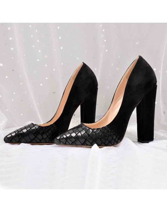 Black Pointed Toe Pumps Chunky Heels Slip on Pumps