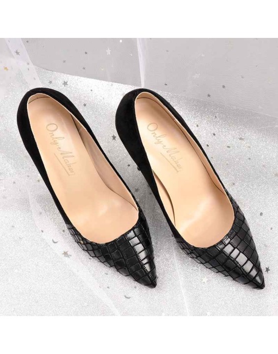 Black Pointed Toe Pumps Chunky Heels Slip on Pumps