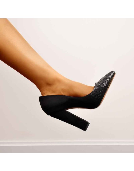 Black Pointed Toe Pumps Chunky Heels Slip on Pumps