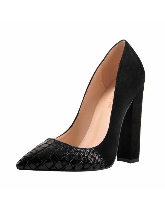 Black Pointed Toe Pumps Chunky Heels Slip on Pumps