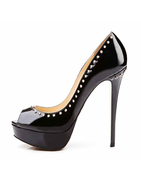 Black Platform Peep Toe Stiletto Pumps With Rivet