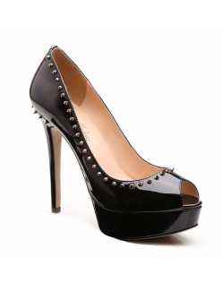 Black Platform Peep Toe Stiletto Pumps With Rivet