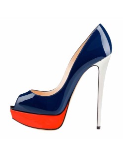 Retro Blue Peep Toe Stiletto Pumps with Red Platform