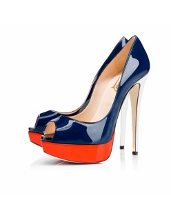 Retro Blue Peep Toe Stiletto Pumps with Red Platform